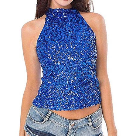 Kvinnors Sequin Tank Top Glitter Iögonfallande Slim Fits Ärmlös Halterneck Väst