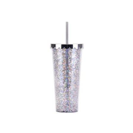 Dubbelväggig plastmugg med sugrör, 700 ml, enkel och transparent med glitter, TRUYUETY