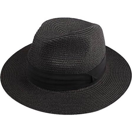 Sort Dame Mænd Halm Hat Panama Hat Sommer Bred Skygge Sol Hat Anti-UV til Strand Rejse Sol Hat