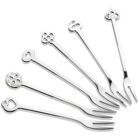 Frugtgafler i rustfrit stål, kagegafler med æske, 6-pak små bestik til dessertsmagning til hjemmet og restaurant