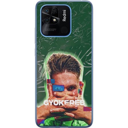 Yhteensopiva Puhelinkuori Xiaomi Redmi 10C Lamine Yamal Barcelonan pelipaidassa, jossa on neonvaloja ja punaisia ja sinisiä salamoita dramaattisessa e