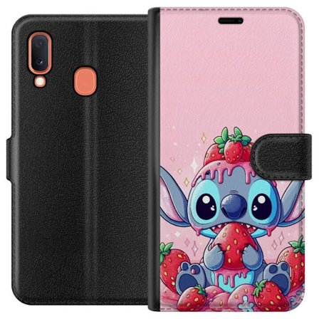 Kompatibel Tegnebogsetui til Samsung Galaxy A20e Stitch Strawberry Love sødt motiv med blå figur, der spiser jordbær i pastelstil