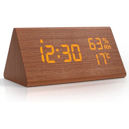 Vækkeur digitalt ur træ, bordur digitalt med dato/temperatur, til natbord, soveværelse, børneværelse og kontor - sort