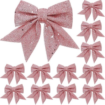 12 kpl Glitter Joulujouset, Vaaleanpunaiset Jouset Joulukuuseen, 12*15CM Seppeleiden Jouset Joulujousikoristeet, Sekvenssisolmio Vaaleanpunaiset 