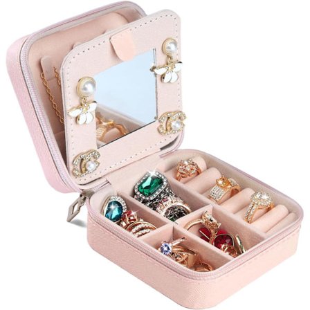 Lille smykkeskrin med spejl, rejsesmykkeskrin til kvinder, bærbar smykkeorganisator PU-læder smykkeopbevaring til hende piger datter mor, smykker