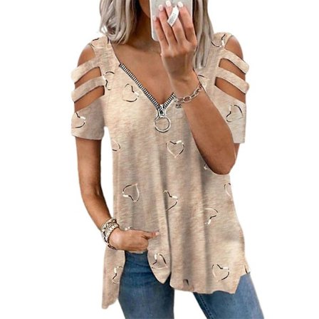 Dam T-shirts med dragkedja, V-ringad, kortärmad, löst sittande