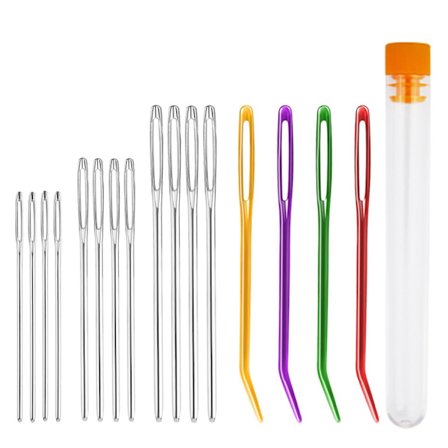 16 stk. store stumpe nåle, strikkepinde, strikkepinde til uld, hæklenåle, gobelinnåle (tilfældige farver)