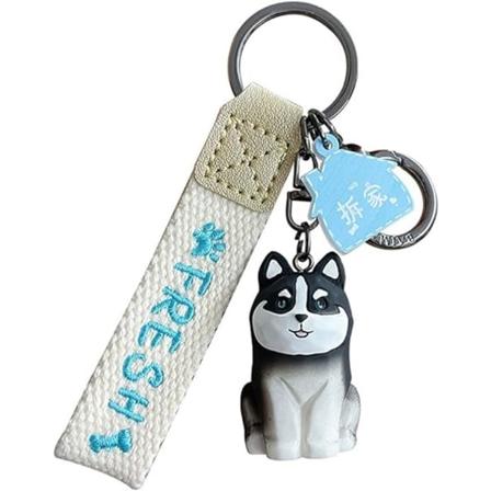 Søte Kawaii kvinner i forskjellige positurer, treskjæring, lykkefølelse, hund, valp, nøkkelring, nøkkelkjede, nøkkelring - Siberian Husky