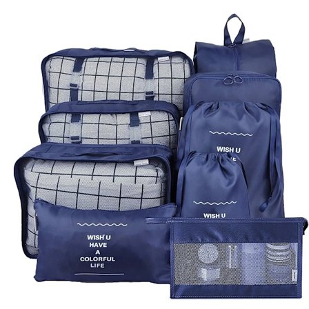 Kuffert Pakkekuber - 9-delt Rejse Pakkekuber Letvægts Kuffert Organizer Sæt Bagage Pakke Organizer - Navy Blå