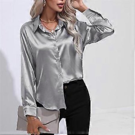 Forår Efterår Satin Bluse Imitation Silke Langærmet Skjorte til Dame Plus Size Løse Toppe (XL sølvgrå)