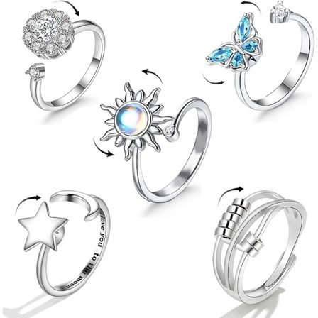 5 st Ångestdämpande Ringar, Damer, Silver, Fidgetring, Set, Justerbar, Anti-stressring med Kristall, Stjärnor