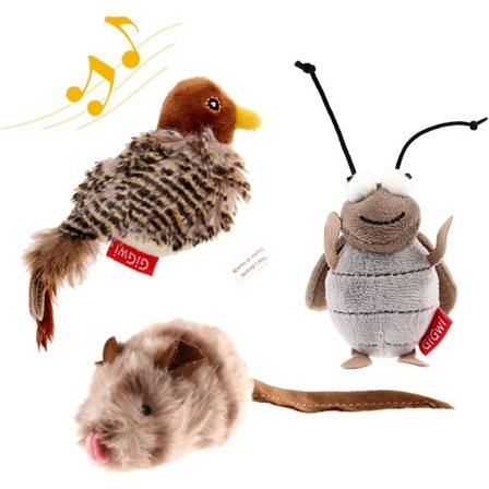 Automatisk Kattelegetøjssæt, Interaktivt Kattelegetøj Elektronisk Kvækkende Dyr Fugl/Grille/Mus Lyde, Plyslegetøj til Katte til at Lege Alene, Lege og