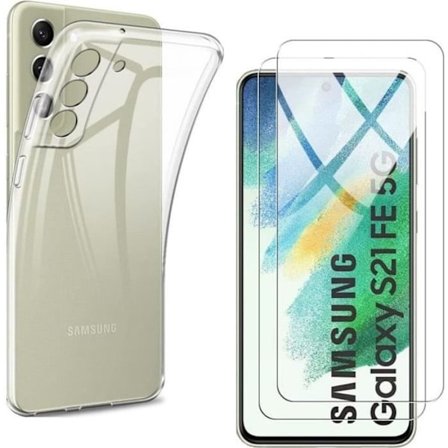 Skyddsskal och skärmskydd - Phonillico - Samsung S21 FE 5G - Mjuk silikon - Transparent - 2 Härdat glas
