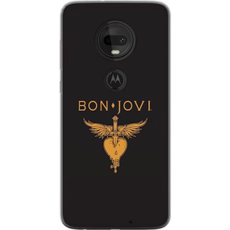 Kompatibelt Mobilskal till Motorola Motorola Moto G7 Ikonisk musikillustration med bevingat hjärta och dolk i guldtoner på mörk bakgrund, kraftfull