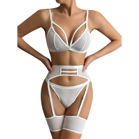 yx Sexy undertøy for kvinner, gjennomsiktig blonde-BH og truser med strømpebelte, 4-delt undertøyssett, hvit, Small