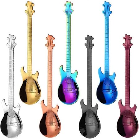 7 kpl Ruostumattomia kitaralusikoita, sateenkaaren värisiä kahvi- ja teelusikoita, kitaralusikoita, kahvi- ja teelusikkasetti, luovia astioita 