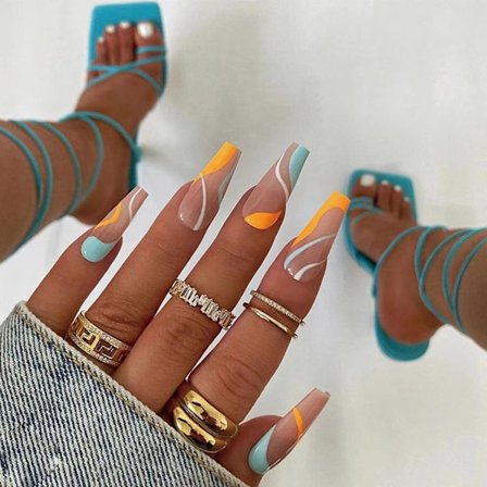 24 stk Trykte Negle Lange, Orange og Mintgrøn Hvirvel Falske Negle