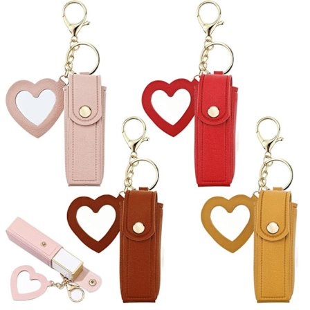 4-pak Dobbelt Læder Lip Balm Nøglering Sæt med Spejl - Rejse Kosmetik Organizer, Perfekt Gave til Kvinder & Piger