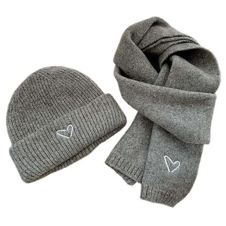 Ensfarvet strikket hue og halstørklæde til børn med broderet kærlighedshjerte, varmt til efterår og vinter