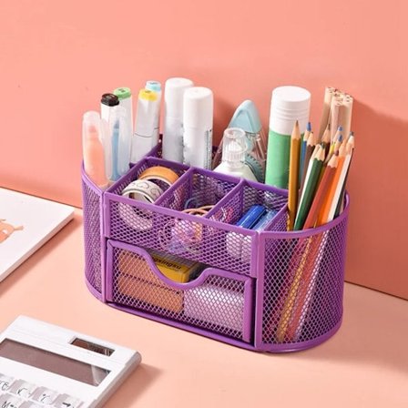 Pennholder i netting, skrivebordsorganisator, arkiveringssystem, pennholder, oppbevaringsboks for kontorutstyr (lilla)