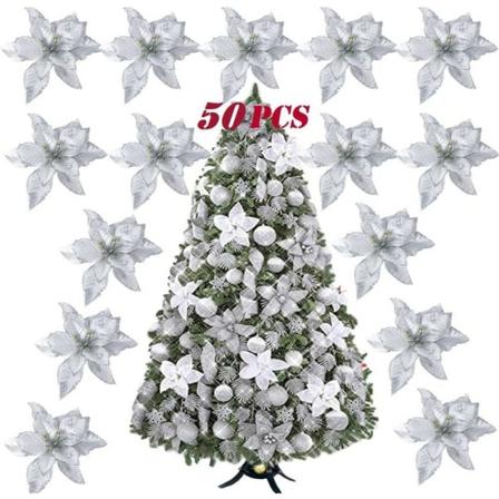50 st 14 cm Julblomma Konstgjord Silver Canvas Icke-tyg Träblomma Bug Blomma Dekoration Julgran Gran Bröllop Trädgård