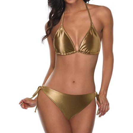WJSM Kvinners Trekant Bikini Sett Halter Todelt Sexy Badedrakt String Slips Sidebadedrakt Metallic Gold