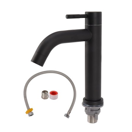 Håndvaskhane i rustfrit stål, moderne, enkelt greb, enkelt hul, koldt vandhane, til badeværelsesvask, sort bue