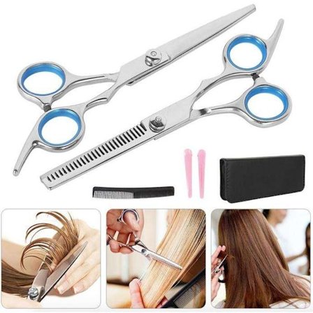 6-delt frisørsæt - frisørsaks, udtyndingssaks, kam, hårdeler