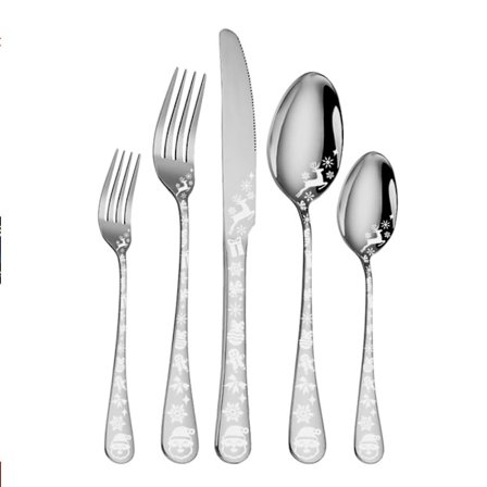 |NN| 5-delt julebestiksæt i rustfrit stål, sølvbestiksæt med julesnefnug og hjortemønster, køkkensølv, sølv