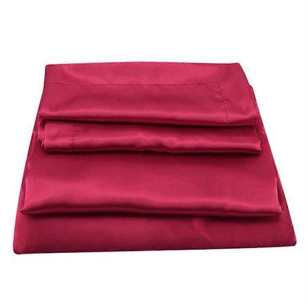 4-delt ensfarvet satinsilke dynebetræk sæt, lagner og pudebetræk, kingsize sengetøjssæt (burgunder)