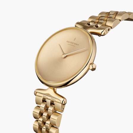 Nordgreen - Duży Złoty Zegarek Damski w Skandynawskim Stylu - Szczotkowana Metalowa Tarcza - Pasek 5 Ogniw