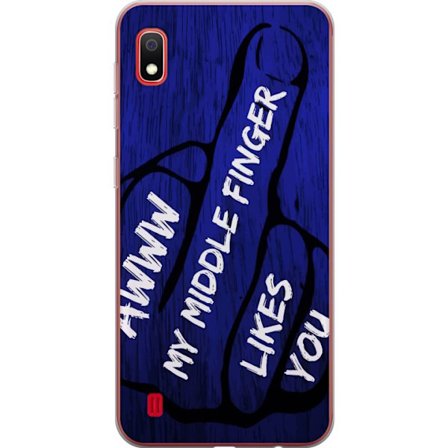 Kompatibelt Mobildeksel til Samsung Galaxy A10 Mørk typografisk illustrasjon med hjerteform og budskap om vennskap mot dyp blå tretekstur