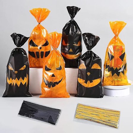 120 stk Halloween Godteposer, Græskar Cellofanposer Med Bånd Orange Og Sorte Poser Til Halloweenfest, Slik, Godbidder, Kiks, Gaver
