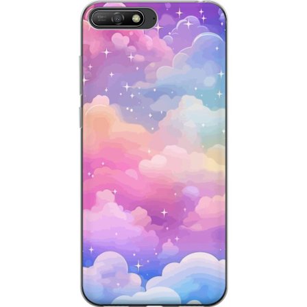 Kompatibelt Mobildeksel til Huawei Y6 (2018) Søt enhjørning med regnbuefarget hår mot en stjernebelagt pastellbakgrunn i kawaii-stil