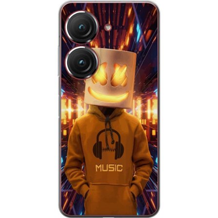 Yhteensopiva Puhelinkuori Asus Asus Zenfone 9 DJ-hahmo valaisevassa kypärässä ja hupparissa futuristisessa musiikkiympäristössä neonvalojen kesk