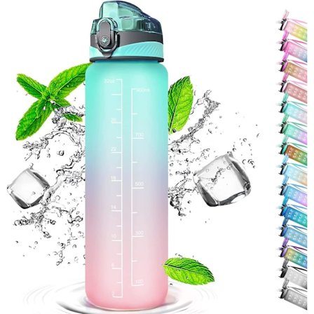 1 liters drickflaska med sugrör, med tidsmarkeringar, Sportcykelvattenflaska (Gradienterad rosa blå)BY