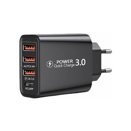 Hurtig opladning 3.0 USB strømadapter og USB-C kabel, QC 3.0 30W/6A 4 porte hurtig vægoplader Universal multi USB strømadapter til Samsung Galaxy S