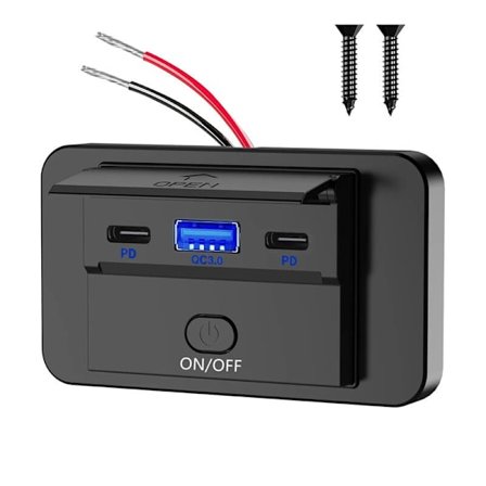 12V Dobbel USB Billader med Bryter - 30W USB-C & QC3.0 18W for Kjøretøy, Marine, Buss