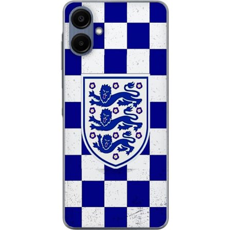 Kompatibel Mobilcover til Samsung Samsung Galaxy A06 Grafisk skakternet mønster i blåt og hvidt med et klassisk heraldisk emblem, retro-inspireret s