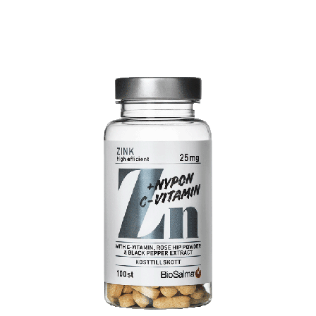 BioSalma Zink 25 mg + C-vitamin & Nyponpulver 100 tabletter