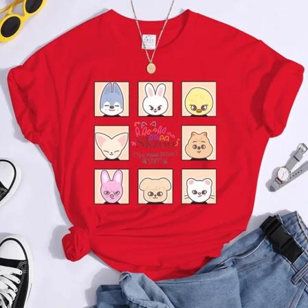 K-POP Stray Kids T-skjorte for Menn og Kvinner T-skjorter Harajuku Y2K T-skjorte Casual Sommer Kortærmet T-skjorte for Kvinner TL3274-Rød TL3274-red S