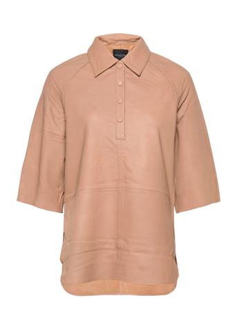 Slfannabella 3/4 Leather Shirt Lyhythihainen Paita Beige Selected Femme