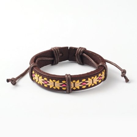 Handgjord Justerbar brun läderarmband med broderad band