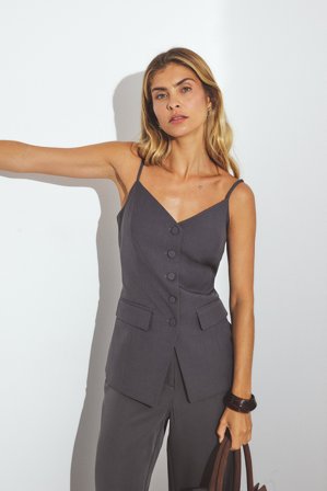 NA-KD Haut ajusté boutonné sur le devant à bretelles - - Gris - EU 34