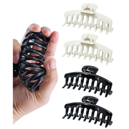 4-pak Silikone Fleksible Hårklemmer, Skridsikre 11 cm Store Fleksible Klo-klemmer | Bløde og Komfortable Unisex Hårklemmer (Sort, Hvid)