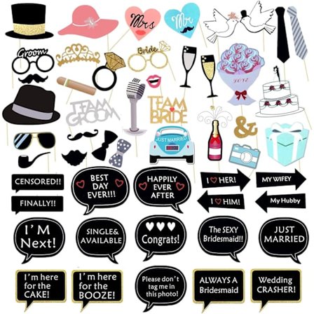 52 stk. bryllupsfotorekvisitter med pind, brudebruser, fotorekvisitter, sjove fotorekvisitter, bryllupsfestartikler til brudgom, polterabend