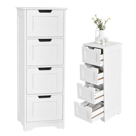 Baderomsskap med 4 skuffer, smalt fordypningsskap, frittstående, hvit