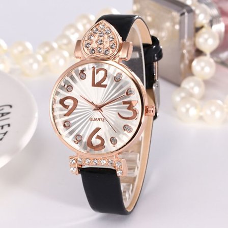 Kvinnor Casual Quartz Watches Mode Rhinestone Watches Rund Urtavla Läderrem Damklockor