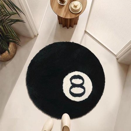 8-ball tæppe sort og hvid, skridsikkert og vaskbart, blødt cirkeltæppe til stue, spisestue, soveværelsesdekoration (60 cm) tæppe