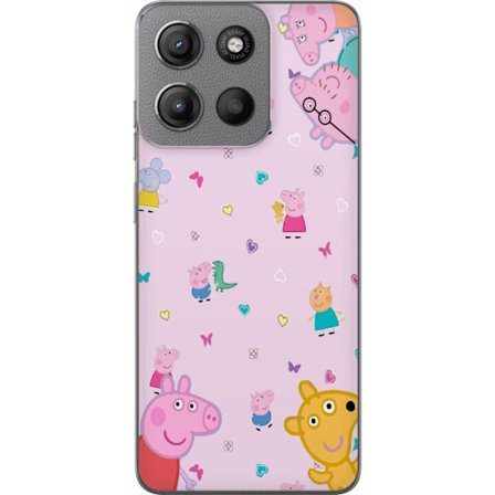 Kompatibelt Mobildeksel til Motorola Moto G15 Power Peppa Gris med en baby i armene, mamma gris motiv i fargerik og myk barneillustrasjon med hjerter